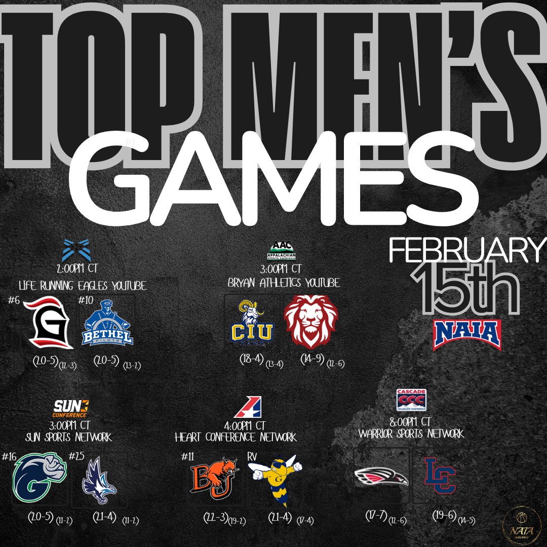 A lot on the line today as are just 10days out from conferences tourneys!

Top Games

No. 6 <a href="/GraceBasketball/">Grace Basketball</a> @ No. 10 <a href="/bupilotsmbb/">Bethel Pilots Men's Basketball</a> 

<a href="/ciuhoops/">CIUHOOPS</a> @ <a href="/Bryan_MBB/">Bryan College Men’s Basketball</a> 

No. 16 <a href="/AveMariaHoops/">Ave Maria Men’s Basketball</a> @ No. 25 <a href="/KUSeahawksMBB/">Keiser Men's Basketball</a> 

No. 11 <a href="/BU_Hoops/">Baker Men’s Basketball</a> @ RV <a href="/GracelandU_MBB/">Graceland Men's Basketball</a> 

<a href="/SOURaidersMBB/">SOU Men’s Basketball</a> @ <a href="/LCSCMBB/">LC State Men’s Basketball</a>