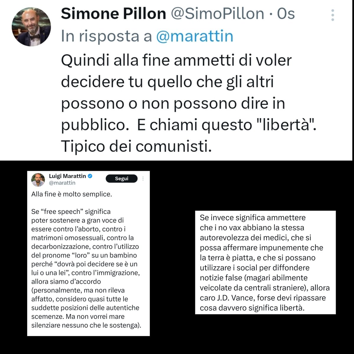 SimoPillon's tweet image. Il deputato renziano Marattin, rispondendo a Vance, ammette candidamente di voler censurare i social, ma - bontà sua - solo per alcuni temi che ovviamente decide lui. Poi conclude chiamando tutto questi "libertà".
Tipico dei comunisti.