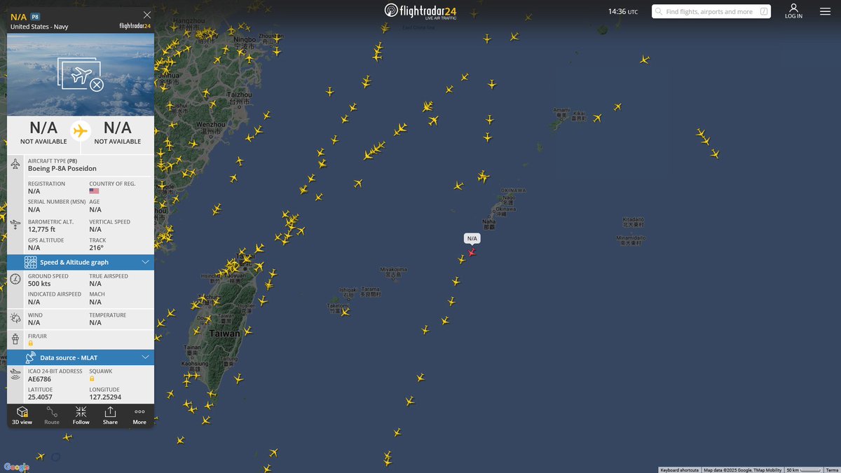 AIYeyENGDdJkjTr's tweet photo. Feb. 16, 2025
#Okinawa Kadena Air Base #South China Sea
#NoCALLSIGN #AE6786 USN P-8A Poseidon https://t.co/E62xlLTnB4