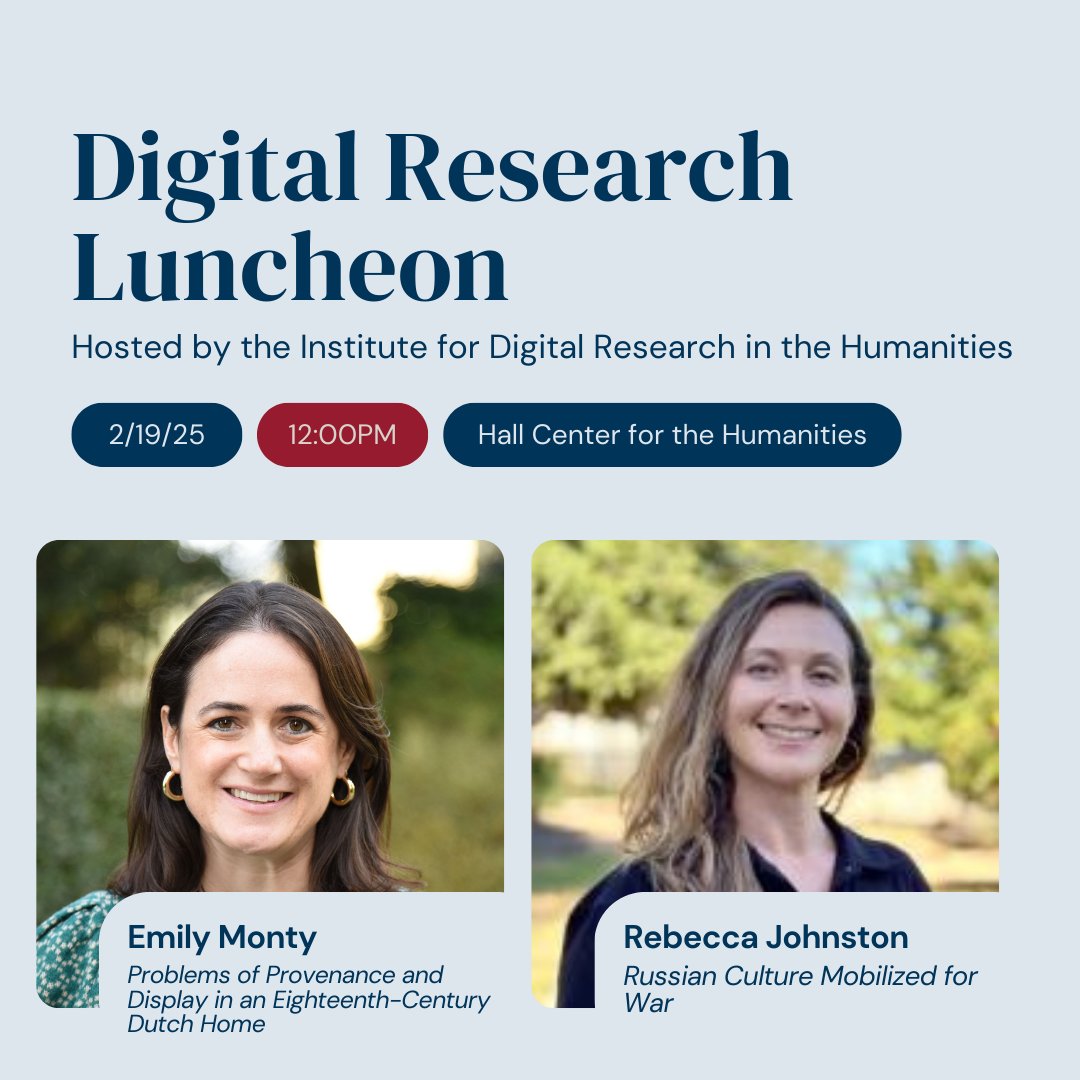 Join us Thursday (2/19) at the Hall Center for our Digital Research Luncheon! We are excited to feature Emily Monty &amp; Rebecca Johnstons digital humanities research. 

#digitalhumanities