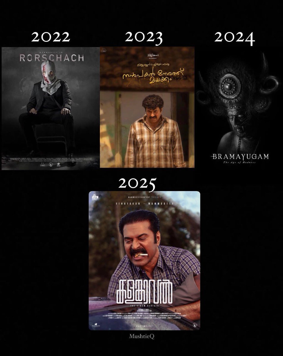 IAM_ABHISHEK_P's tweet photo. 2022 - Rorschach 
2023 - Nanpakal Nerathu Mayakkam
2024 - Bramayugam
2025 - #Kalamkaval 
#KalamKavalFirstLook

Reinventing, rediscovering, and ruling #Mammootty , A legend who never settles, only soars! 🎭👑
@mammukka🐐💎 https://t.co/xQ2a1nVpLk