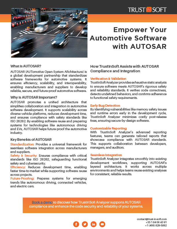 TrustInSoft's tweet image. Empower your automotive software with AUTOSAR.🚗 TrustInSoft Analyzer offers enhanced safety, interoperability, and performance for AUTOSAR compliance and security. Learn more: bit.ly/4eXHYbm 

#AUTOSAR #AutomotiveSoftware #CyberSecurity
