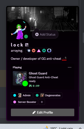 arrayingg's tweet image. Slowly getting there, Ghost Guard anti-cheat is almost out of its prototype phase and into its early Alpha stage. 

Using a discord RPC to publicly view if a player has initialized the anti-cheat properly or not. If a player hasn't the green dot will become Orange!