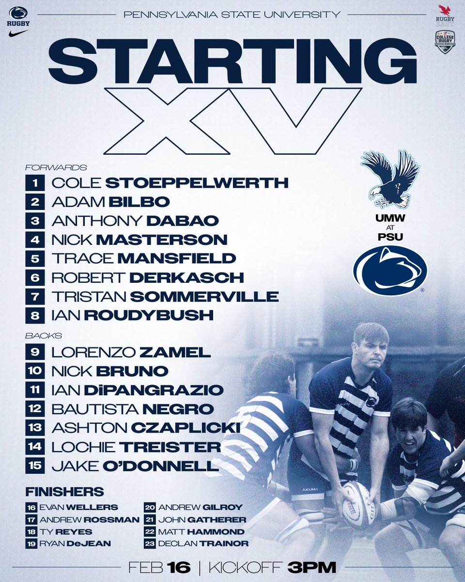 Penn State Men’s Rugby (@pennstatemrgb) on Twitter photo STARTING XV
Here’s the roster for the spring season opener against <a href="/MaryWash/">University of Mary Washington</a>!
3PM Kickoff
📍Holuba Hall, University Park, PA
#WEARE | #PSURUGBY STARTING XV
Here’s the roster for the spring season opener against <a href="/MaryWash/">University of Mary Washington</a>!
3PM Kickoff
📍Holuba Hall, University Park, PA
#WEARE | #PSURUGBY