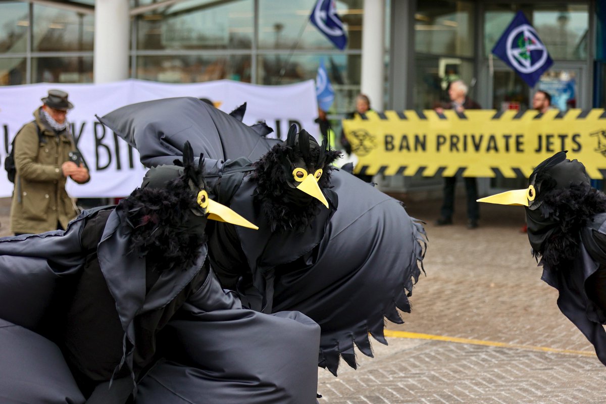 Extinction Rebellion Scotland and Scientist Rebellion Denmark protesting at Inverness Airport, Scotland &amp; Billund Airport in Denmark. 

They are highlighting contradictions between Blackbird Air’s CEO Anders Povlsen private jets enterprise and his Wildland commitment to nature.