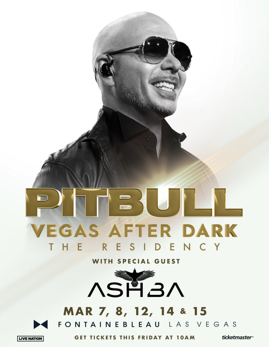 🚨LIVE IN CONCERT🚨

I am excited to announce that I will be opening up for <a href="/pitbull/">Pitbull</a> @fontainebleaulasvegas for his VEGAS AFTER DARK - The Residency! See ya there!!! 🔥

PARTY DETAILS:
PITBULL - LIVE AFTER DARK - THE RESIDENCY

With Special Guest ASHBA

Live in Las Vegas at