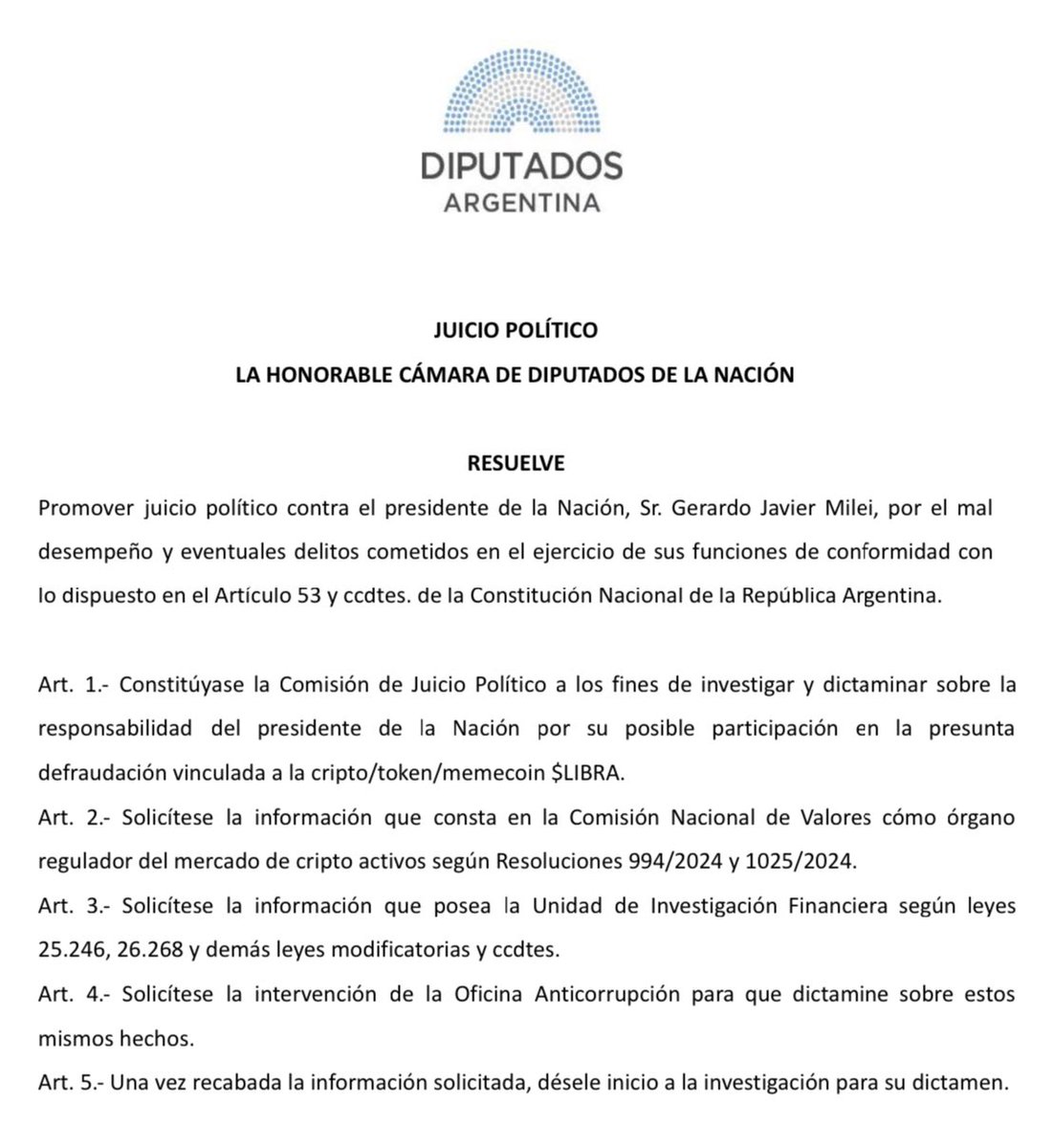 EstebanPaulon's tweet photo. EL PONZIDENTE DEBE DAR EXPLICACIONES 

Junto a Diputadas y Diputados de diversos bloques estamos trabajando para presentar el lunes a primera hora el pedido de Juicio Político a Javier Milei

Lo que ha ocurrido es de enorme gravedad y degrada la investidura presidencial 👇 https://t.co/w8uJrt4hjQ