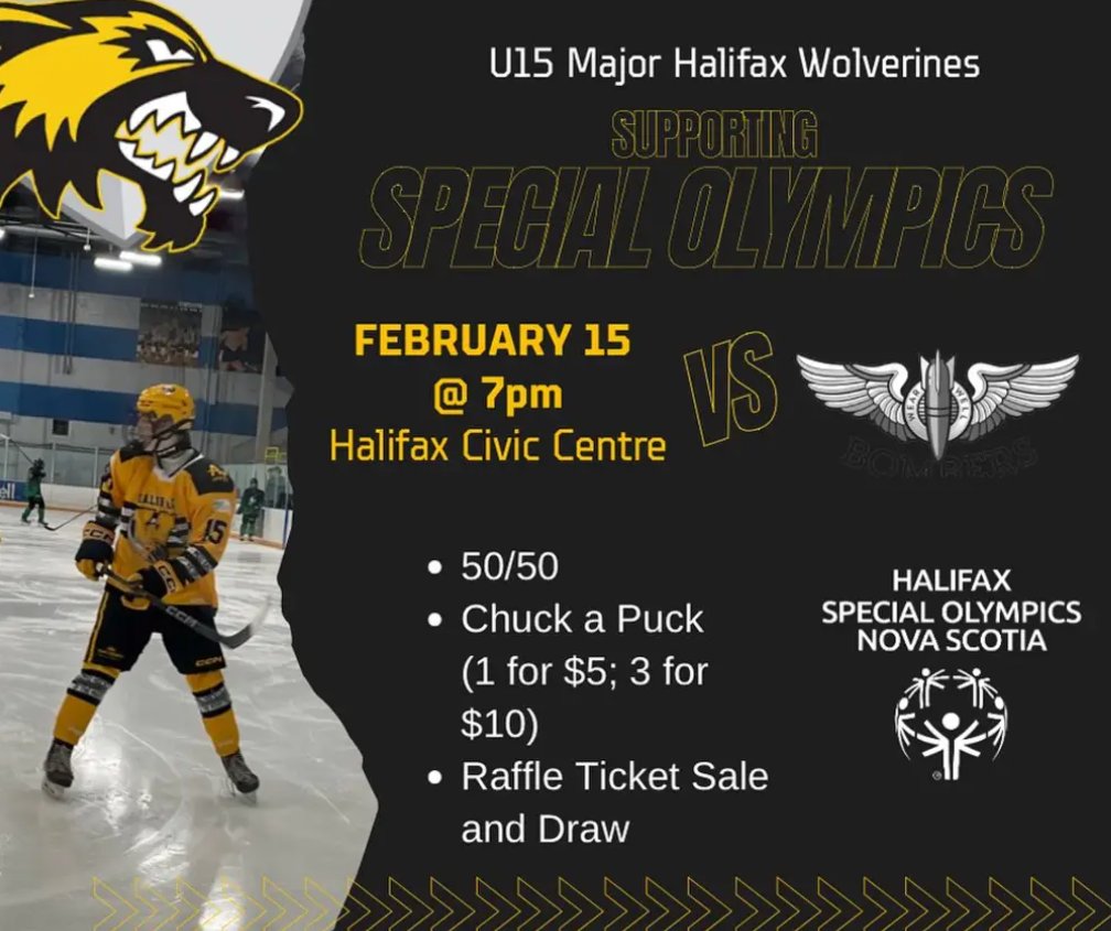 Tonight's game at the Halifax Civic Arena against the Bombers will support Special Olympics Halifax. Last chance to buy raffle tickets on a generator, a gift card package, and Moosehead's game night package. Winner drawn tonight. There will also be a 50/50 draw and chuckapuck.
