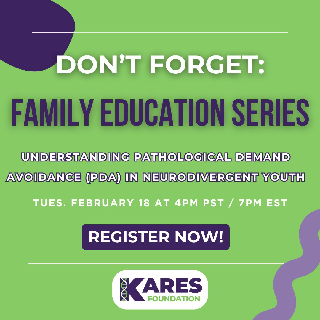 Reminder: Don't forget to register for our upcoming Family Education Series on Understanding Pathological Demand Avoidance (PDA) in Neurodivergent Youth featuring Dr. Alex Klein, PsyD!

Tues, Feb 18 | 4 PM PST / 7 PM EST on Zoom

Register at: us06web.zoom.us/meeting/regist…