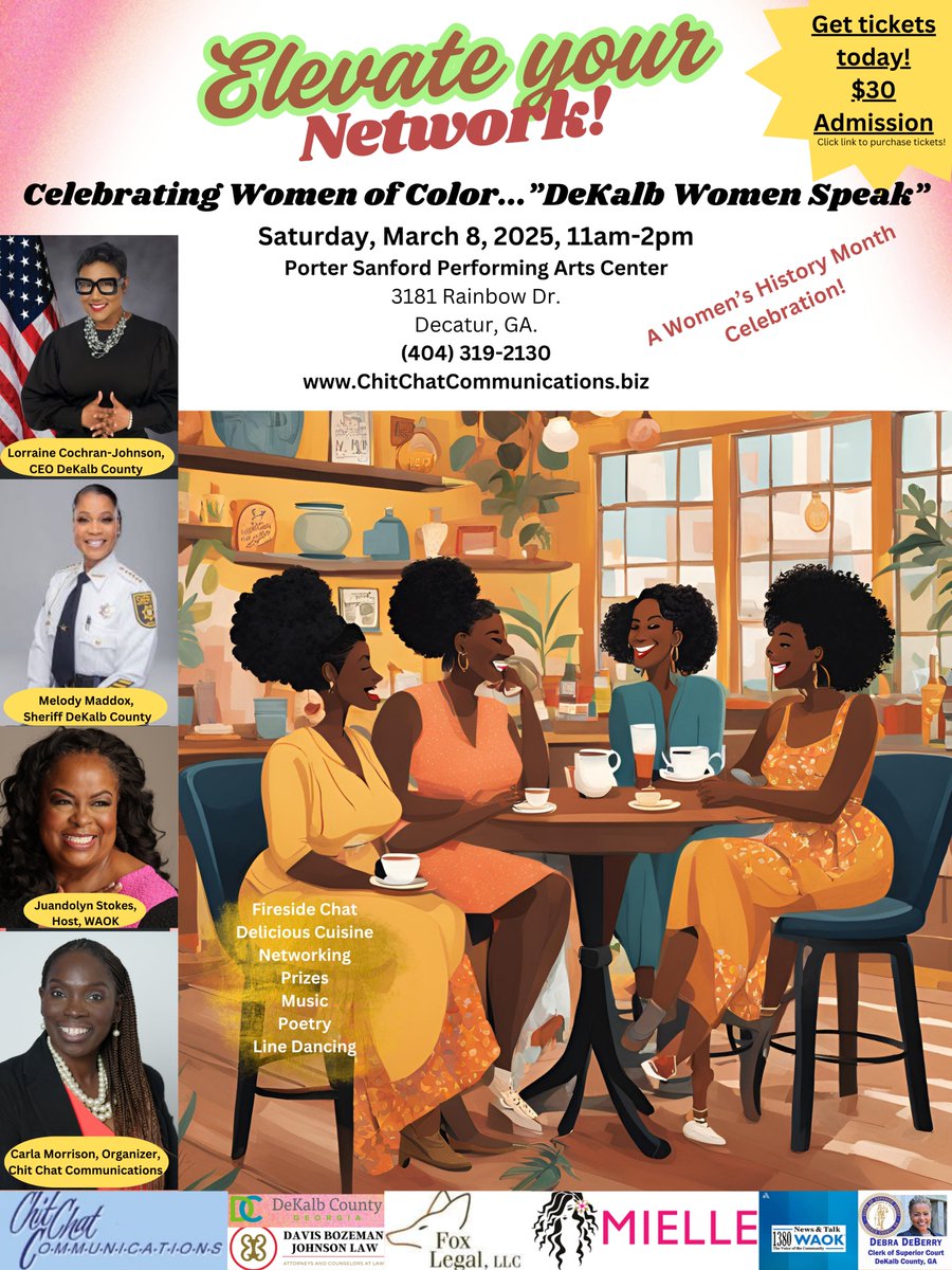 #ElevateYourNetwork! Join <a href="/ChitChatComm/">ChitChatComm</a> in partnership with <a href="/ItsInDeKalb/">DeKalb County, GA</a>  DeKalb County Superior Court Clerk, Saturday, March 8, 2025, 11am-2pm for our 14th #WomensHistoryMonth Celebration! 

#ChitChatComm

Click the link below:
eventbrite.com/e/womens-histo…
