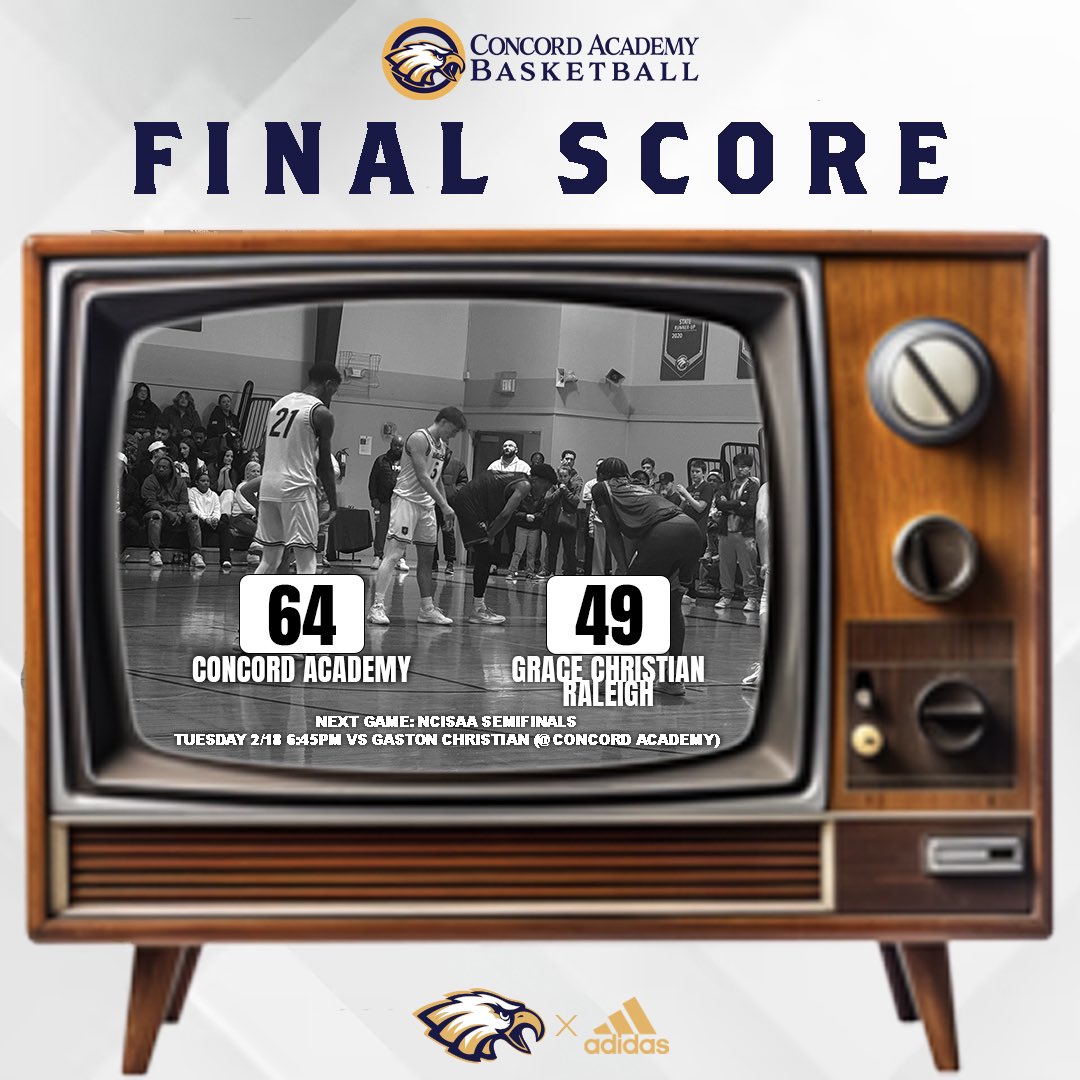 Concord Academy Basketball (@caeaglesmbb) on Twitter photo FINAL
<a href="/CAEaglesMBB/">Concord Academy Basketball</a> (30-3) 64
<a href="/GFamilyon3/">GRACE_Basketball_FamilyOn3</a> 49
’25 <a href="/JakeBenham5/">Jake Benham</a> 20p
‘25 <a href="/GrayMadeira4/">Gray Madeira</a> 12p
‘26 <a href="/Lincolnr_2/">Lincoln Raper</a> 10p
‘27 <a href="/JamesMinlend/">James Minlend</a> 9p
‘26 <a href="/BryleeAustin7/">Brylee Austin</a> 6p
‘25 <a href="/icarebaka/">Icare Bakadisula 🇨🇩</a> 6p
‘27 Romain Boyer 2p
*Full stats to follow
Next Up: NCISAA Semifinals 2/18 6:45pm vs <a href="/officialgcsmbb/">Gaston Christian Men’s Basketball</a> (@ home) FINAL
<a href="/CAEaglesMBB/">Concord Academy Basketball</a> (30-3) 64
<a href="/GFamilyon3/">GRACE_Basketball_FamilyOn3</a> 49
’25 <a href="/JakeBenham5/">Jake Benham</a> 20p
‘25 <a href="/GrayMadeira4/">Gray Madeira</a> 12p
‘26 <a href="/Lincolnr_2/">Lincoln Raper</a> 10p
‘27 <a href="/JamesMinlend/">James Minlend</a> 9p
‘26 <a href="/BryleeAustin7/">Brylee Austin</a> 6p
‘25 <a href="/icarebaka/">Icare Bakadisula 🇨🇩</a> 6p
‘27 Romain Boyer 2p
*Full stats to follow
Next Up: NCISAA Semifinals 2/18 6:45pm vs <a href="/officialgcsmbb/">Gaston Christian Men’s Basketball</a> (@ home)