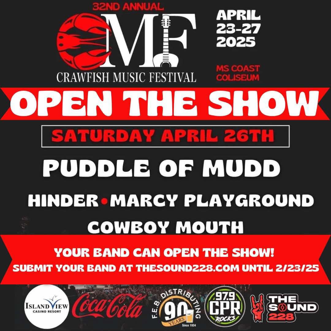 🦞ATTENTION LOCAL BANDS🦞

Are you based in Jackson, MS, Baton Rouge, LA, the Florida panhandle, or any town in between? 

The 32nd Annual Crawfish Music Festival has an exclusive opportunity for you to open the show on Saturday, April 26th!

Head to our website and enter your