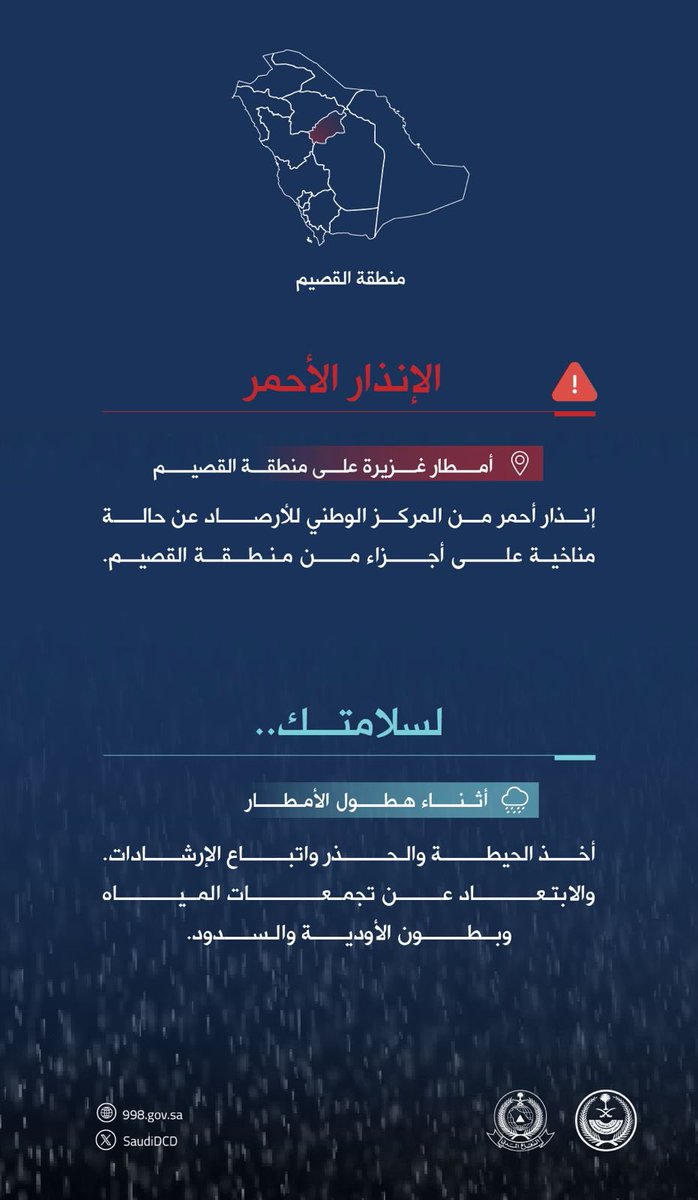 SaudiDCD's tweet image. #الدفاع_المدني يدعو إلى توخي الحيطة واتباع الإرشادات إثر الحالة المناخية التي تشهدها أجزاء من منطقة #القصيم .
ولمتابعة الحالة عبر الرابط:

ncm.gov.sa/Ar/alert/Pages…
