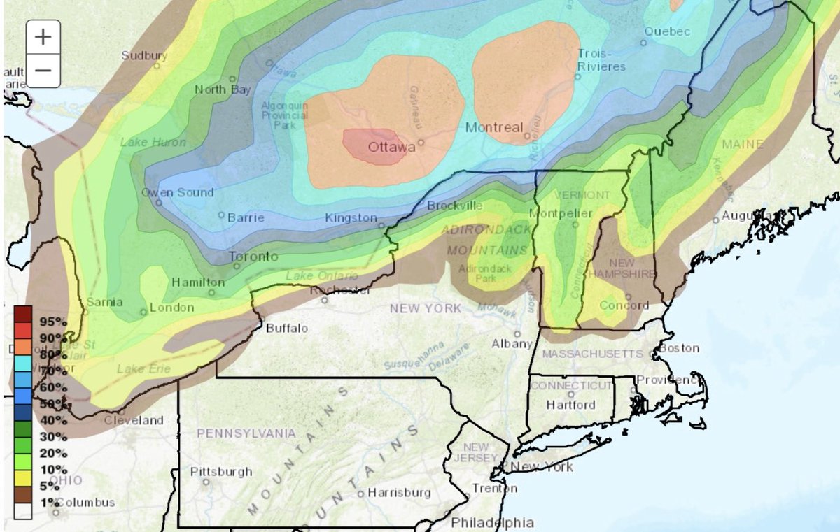 Latest model guidance shows a direct hit over Ottawa from coming storm (% chance of getting >30cm). Even worse than the last storm I’m afraid. #ONStorm
