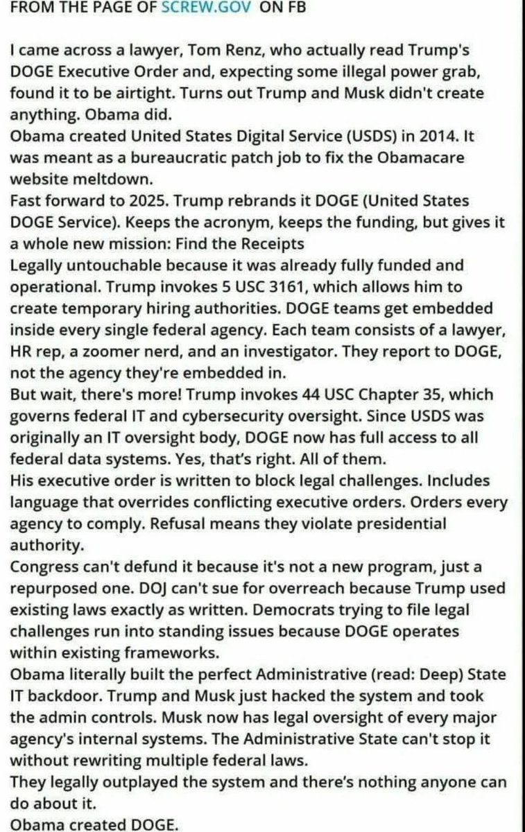 Obama created DOGE within the US Govt.

It was originally part of Obamacare to fix their website. Fully funded and operational.

Trump and Elon merely repurposed it and renamed it DOGE. Interesting info here.