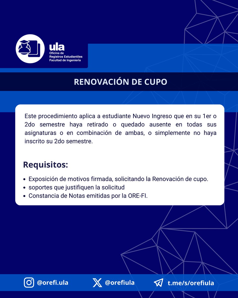 🗣️ Atención: Si deseas realizar alguno de los procesos indicados, por favor dirígete a la taquilla de la ORE-FI. Es necesario que entregues los documentos correspondientes al trámite que deseas solicitar, los cuales serán discutidos posteriormente ante el Consejo de la Facultad