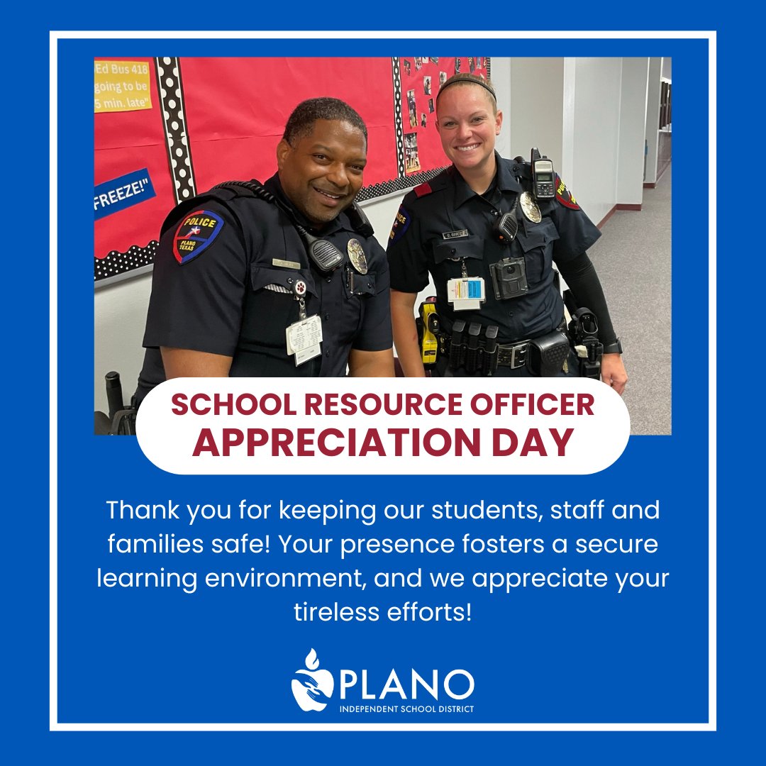 Plano_Schools's tweet photo. Today, we honor National School Resource Officer Day! A heartfelt thank you to our dedicated officers in Plano ISD for their efforts in keeping our students and staff safe. Your commitment and service are appreciated! ๐ฎโโ๏ธ
#TeamPlanoISD https://t.co/NodAixKAFc