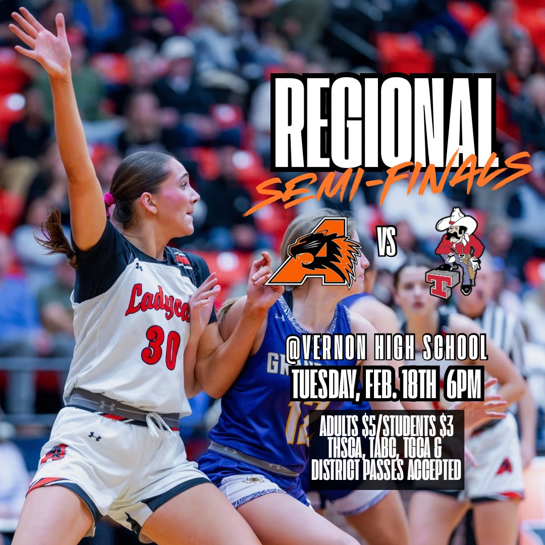 The Ladycats 🏀 are set to face Amarillo Tascosa in the Regional Semifinals next weekend!
⌚️6 PM
📅 Tuesday, Feb. 18
📍Vernon High School  
🎟️ vernonisd.org/page/ticket-pu… 

Let’s go Ladycats!! 🙌 

#allinaledo #aledoisdathletics #growinggreatness