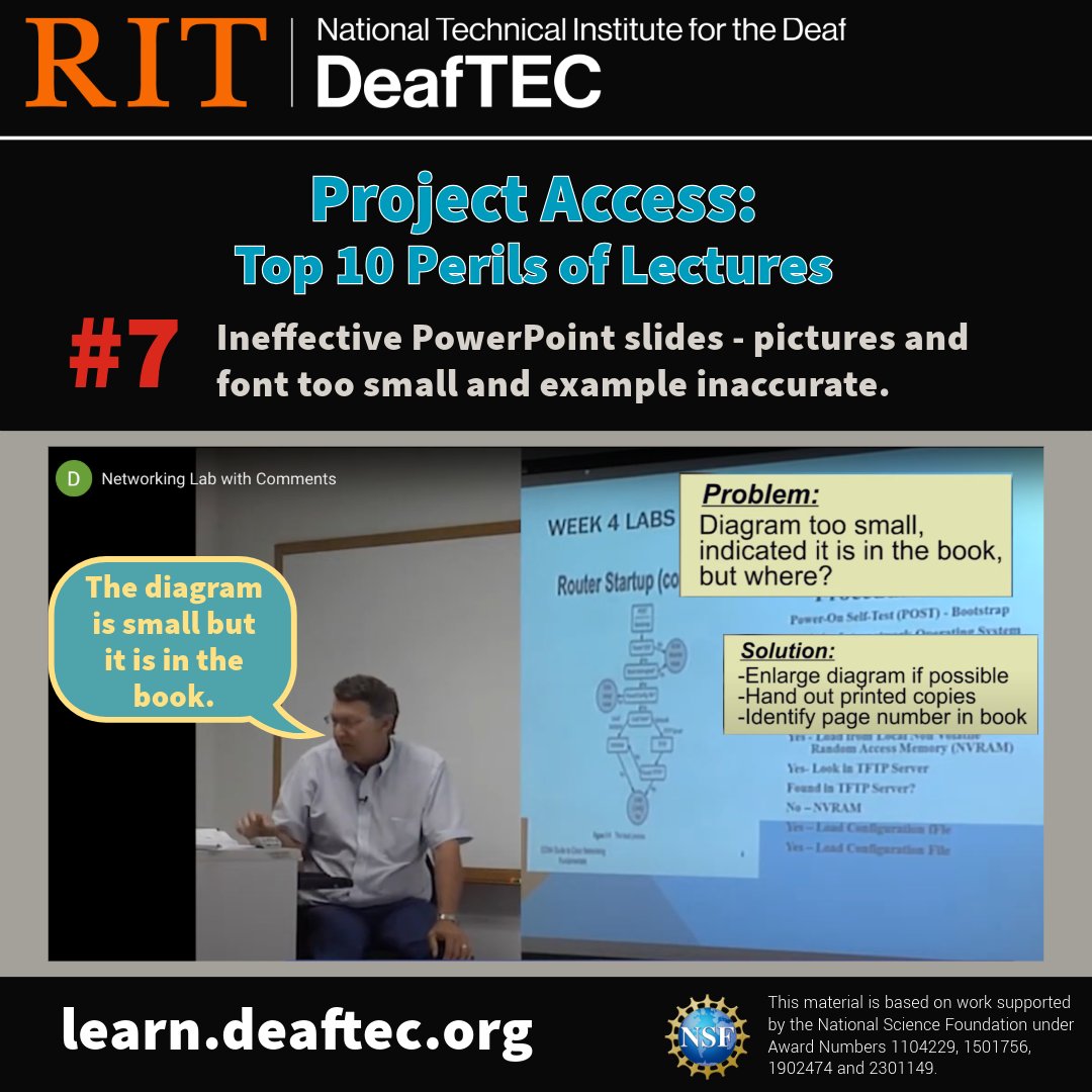 deaf_tec's tweet image. 📊 DeafTEC, Project Access: Top 10 Perils of Lectures

❌ #7: Small Diagrams, Tiny Font &amp;amp; Missing References
✔️ Fix: Enlarge slides, hand out printed copies, and give the exact book page number!
🔗 Learn more: learn.deaftec.org

#DeafTEC #ProjectAccess #BetterLectures