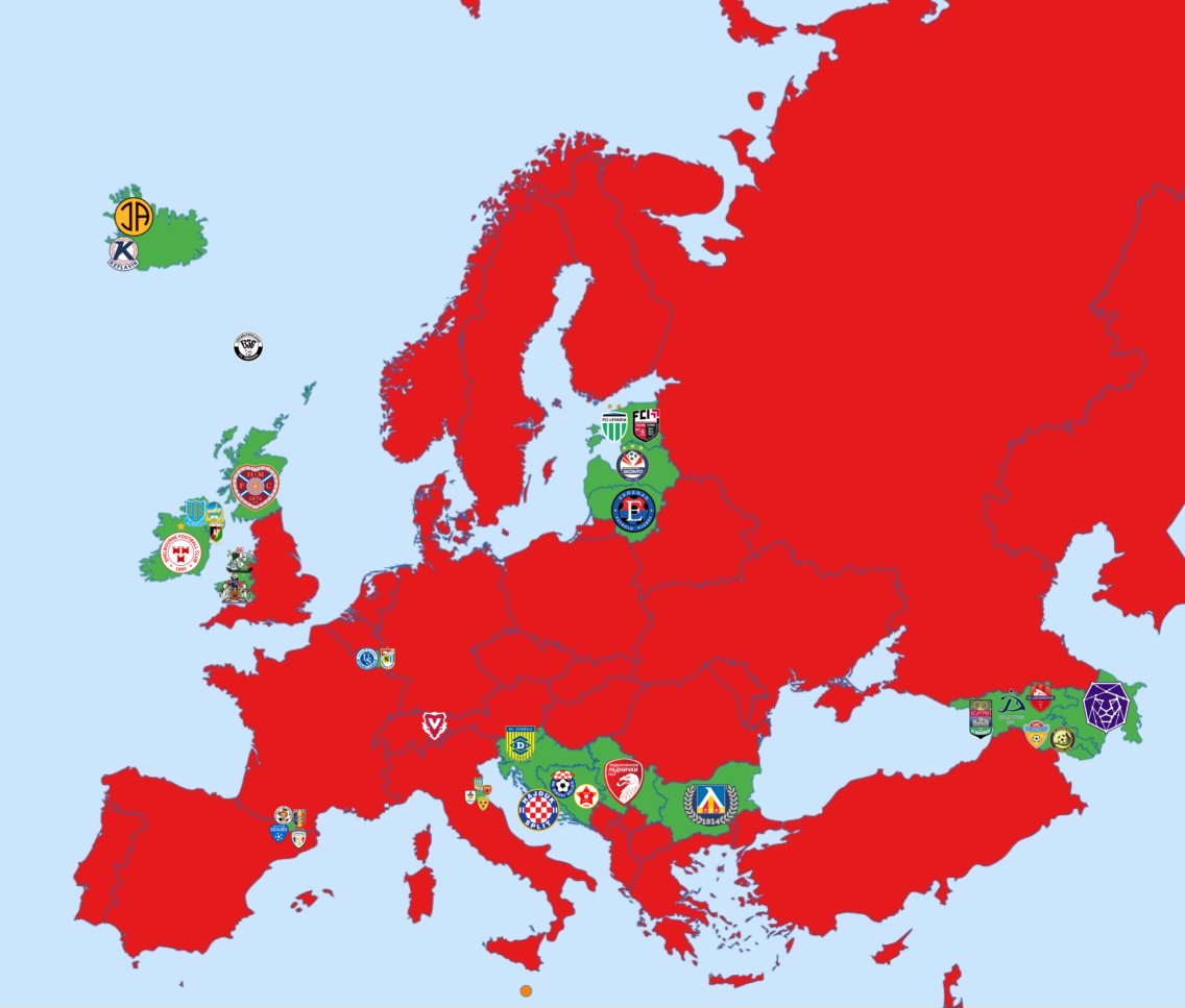 Map of European Clubs that lost to Maltese clubs (Both Legs Only)