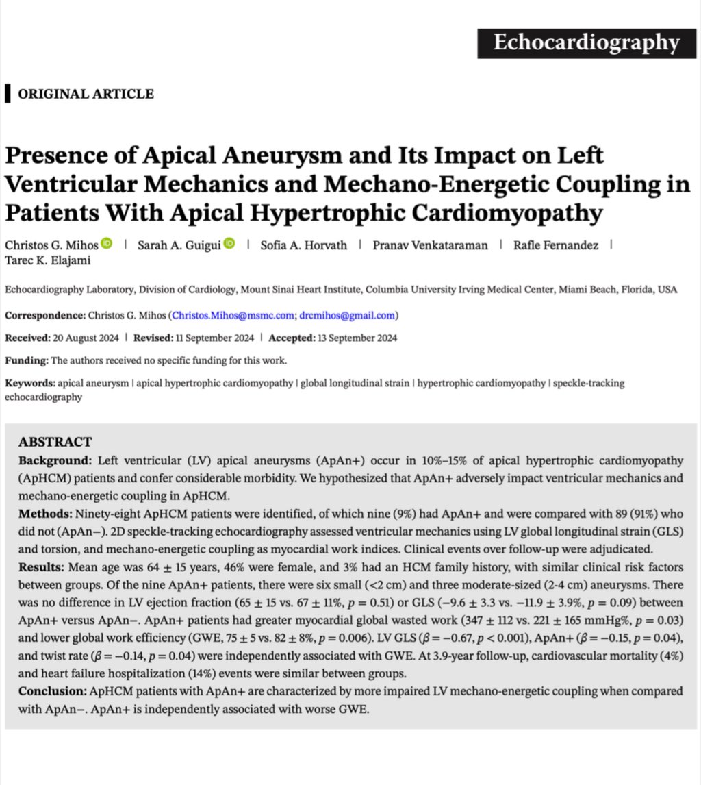 DrTcard's tweet image. Pleased to share our latest Hypertrophic Cardiomyopathy research published in the “Echocardiography”.
@CGMihosDO
#echocardiography #echo #echofirst #echocardiogram #echographie #valves #structuralheart #chf #cardiomyopathy #ultrasound #cardiotwitter