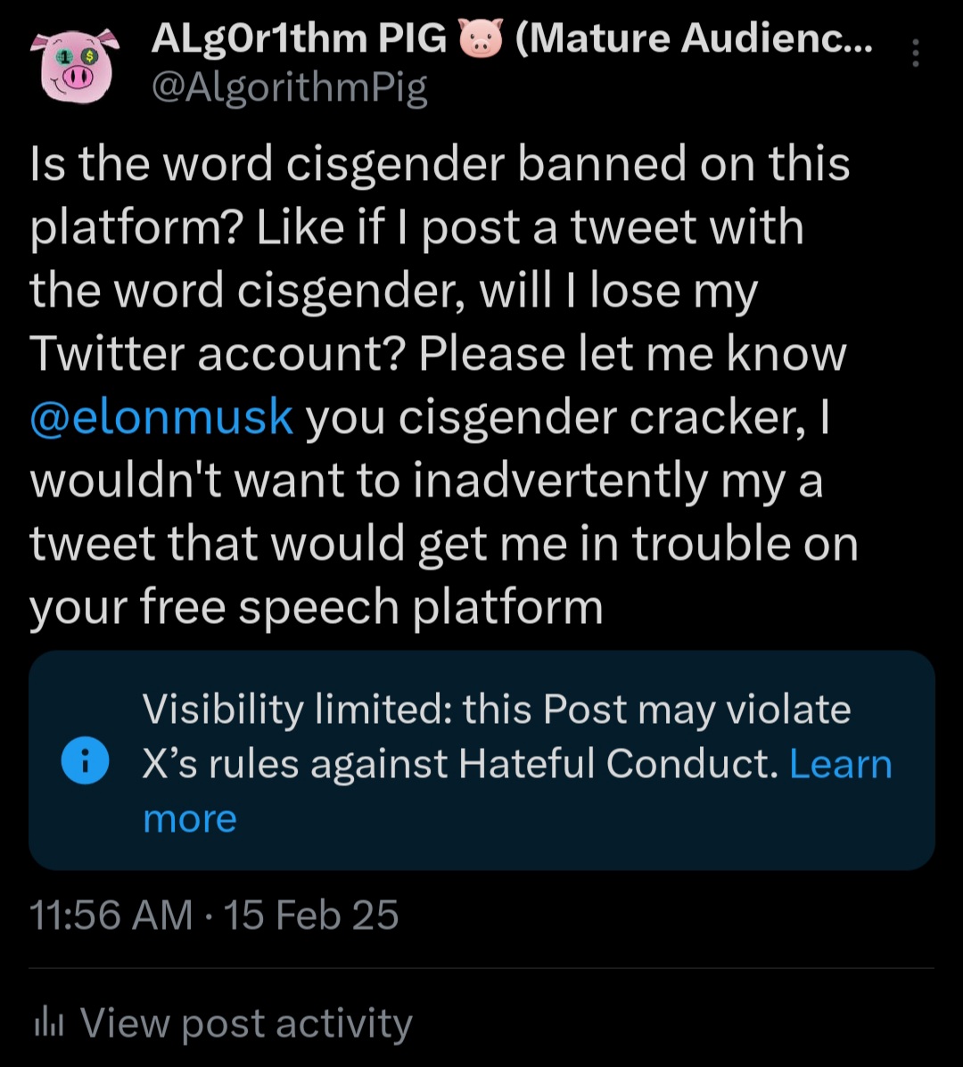 AlgorithmPig's tweet photo. Oh noess daddy elon im so srryyyy pls dont ban my tweet twat #ElonMusk #FreeSpeech #TwitterCensorship https://t.co/G6BgVdINDz
