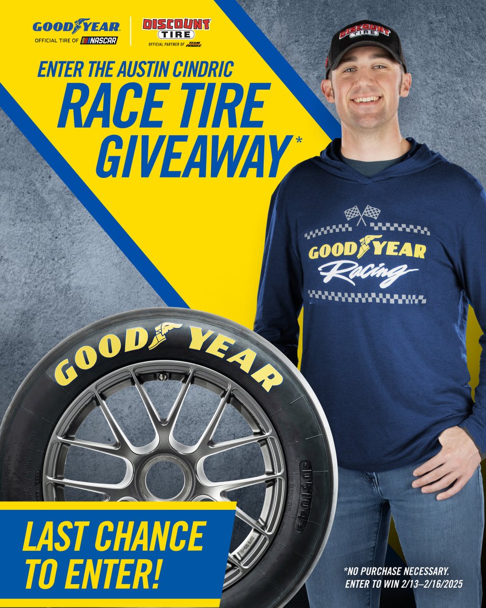 Enter to win an <a href="/AustinCindric/">Austin Cindric</a> race used tire from the 2025 #Daytona500, from <a href="/DiscountTire/">Discount Tire</a>, <a href="/goodyear/">Goodyear</a> &amp; <a href="/Team_Penske/">Team Penske</a>. Reply your favorite #NASCAR season and include #GoodyearTireContest, to enter by 11:59PM on 2/16. No Purchase Necessary. Rules: discountti.re/contestrules