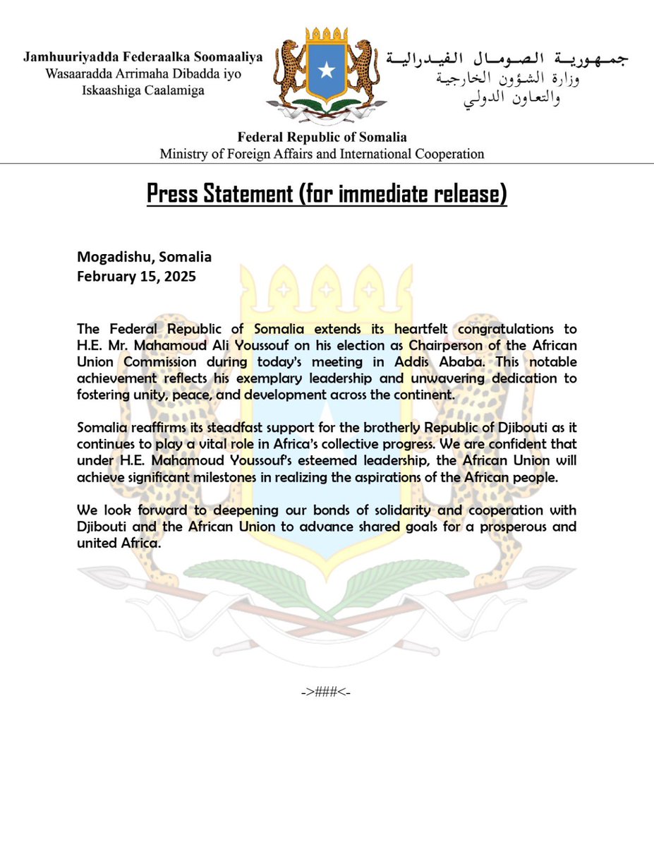 MOFASomalia's tweet photo. The Federal Republic of #Somalia extends its heartfelt congratulations to H.E. Mahamoud Ali Youssouf on his election as Chairperson of the African Union Commission during today’s meeting in #AddisAbaba. This notable achievement reflects his exemplary leadership.
#AUCElections https://t.co/m30zbHEctU