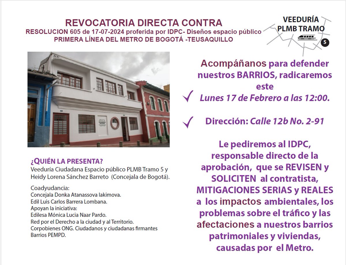Teusaka's tweet photo. Los invitamos para la radicación de REVOCATORIA DIRECTA que haremos oficialmente ante el Distrito, para que revisen los diseños de espacio público🌳🪵🌱🌃 del Metro🚊. 

Es este lunes a las 12 del medio día.  en Calle 12B No. 2-91 (arriba de la Cra 3). https://t.co/NWxOovMoLA