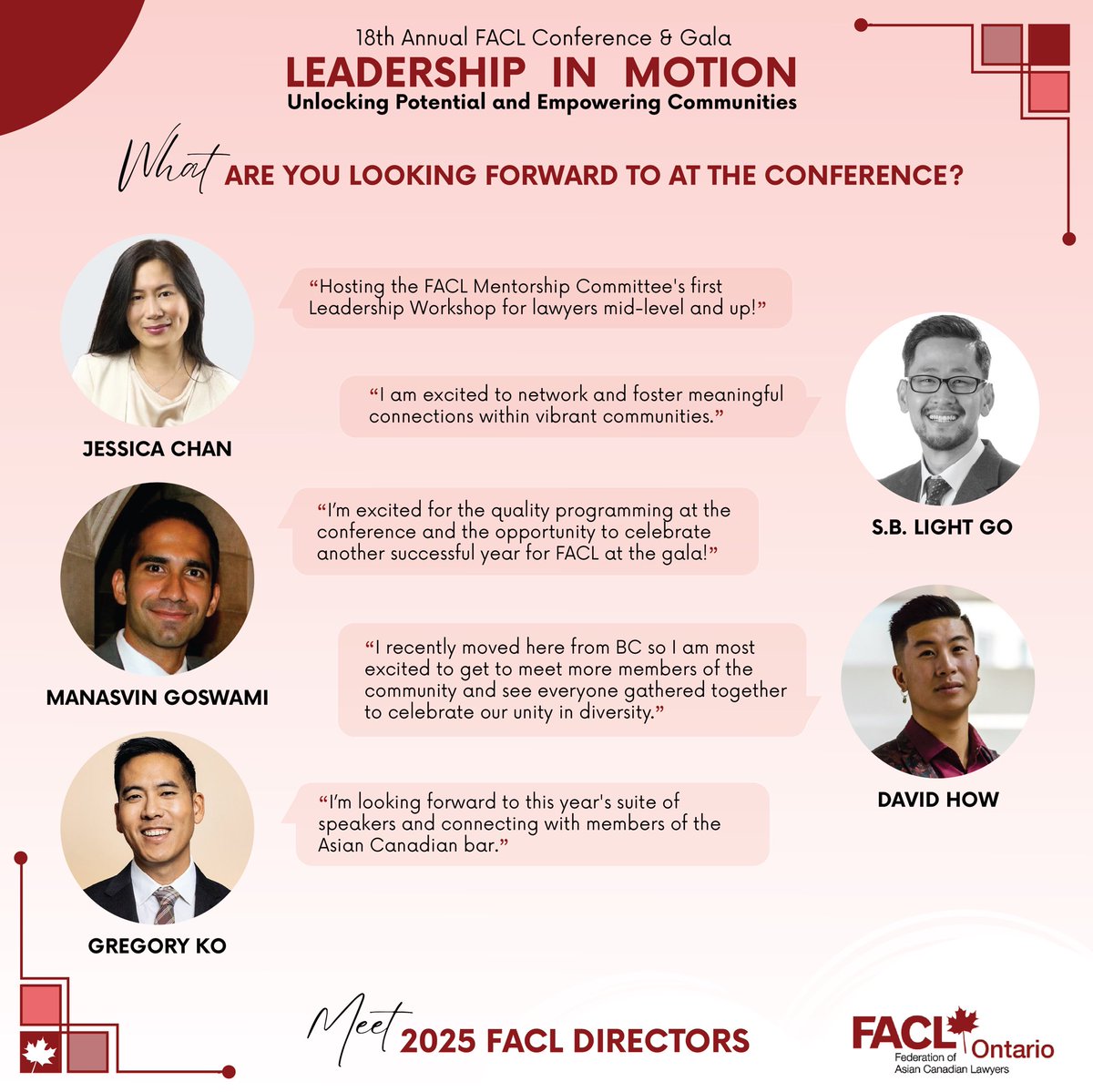 faclOntario's tweet photo. Weโre back with Board introductions ๐๐ผ
Meet our full directors: Jessica, Light, Manasvin, David, Gregory, Robert, Jennifer, Steven and Victoria!
โโ
#LeadershipInMotion #faclON #faclON25 #law #lawyer #toronto #networking #conference #gala https://t.co/jEtK5PCek5