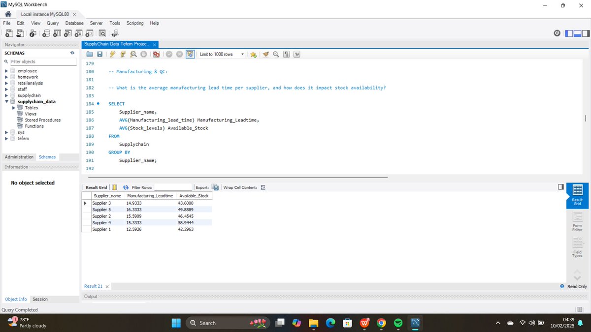Rach_elie's tweet photo. Week 5 of the 12 weeks Challenge with  @tefem_network

This is the second part of the Supply Chain dataset. This part covers the Inventory &amp; Logistics and Sales &amp; Customers category using SQL.

#mytechstory #tefem #dataanalysis https://t.co/I0ez0e6QcC