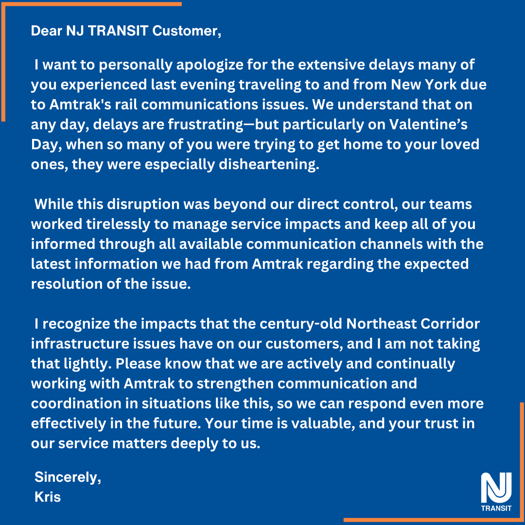 NJTRANSIT's tweet photo. Please read this letter to NJ TRANSIT customers from President &amp; CEO Kris Kolluri regarding last night’s rail service issues. https://t.co/px7LnUf4aq