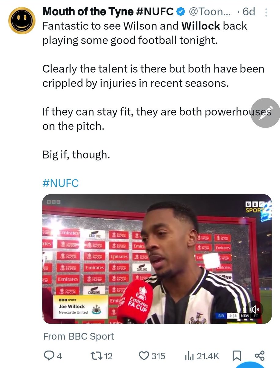 Nufc_Dom's tweet photo. @ToonMouthTyne This you 6 days ago ? 😂
Got beat off Man City today and now you're selling the squad! https://t.co/8hJlsepfgt