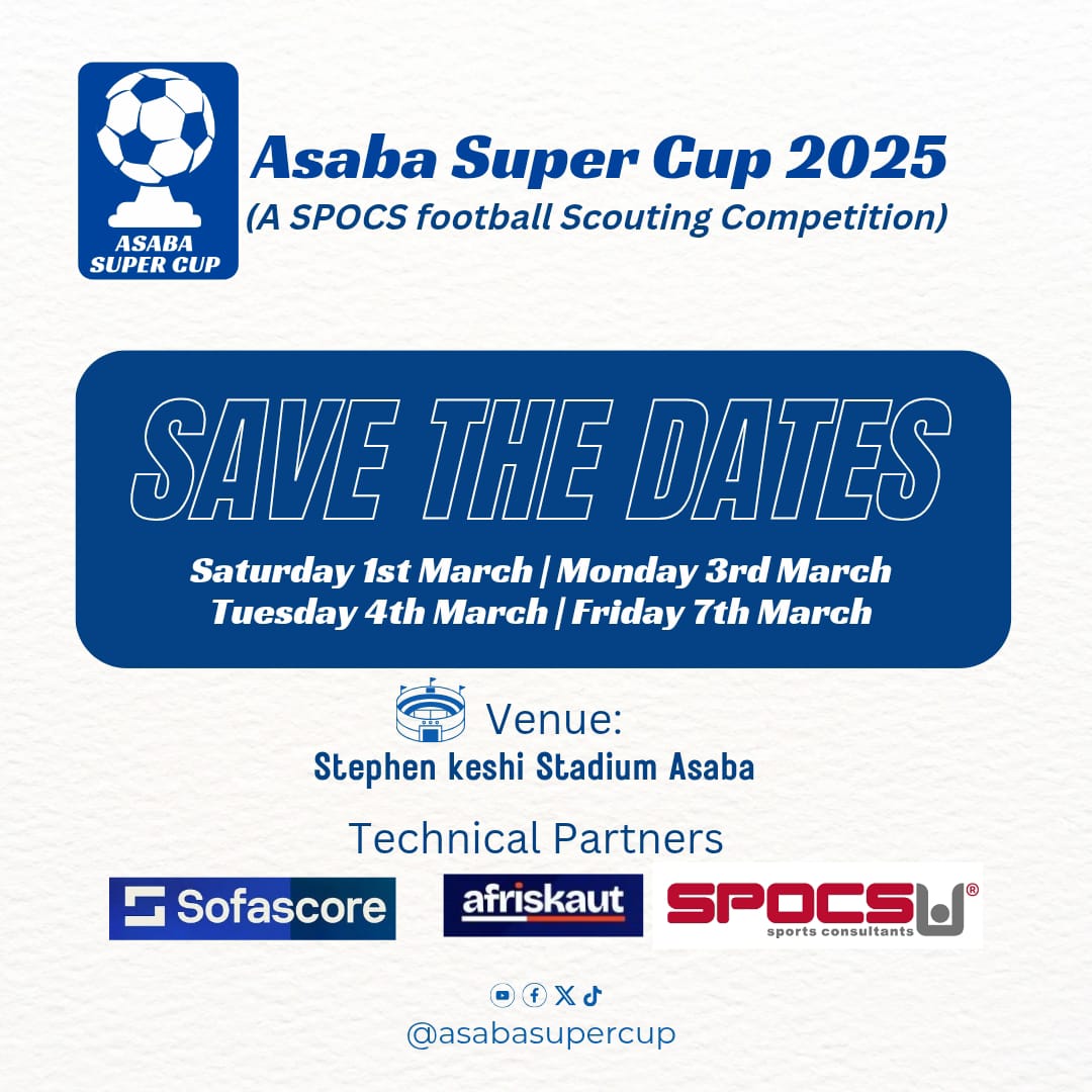 AsabaSuperCup's tweet photo. SAVE THE DATES 

ASABA SUPERCUP 2025 loading...⏳

Saturday, March 1st 
Monday, March 3rd 
Tuesday, March 4th 
Friday, March 7th

Get ready for thrilling football!!! https://t.co/P6uGNZ7L9t