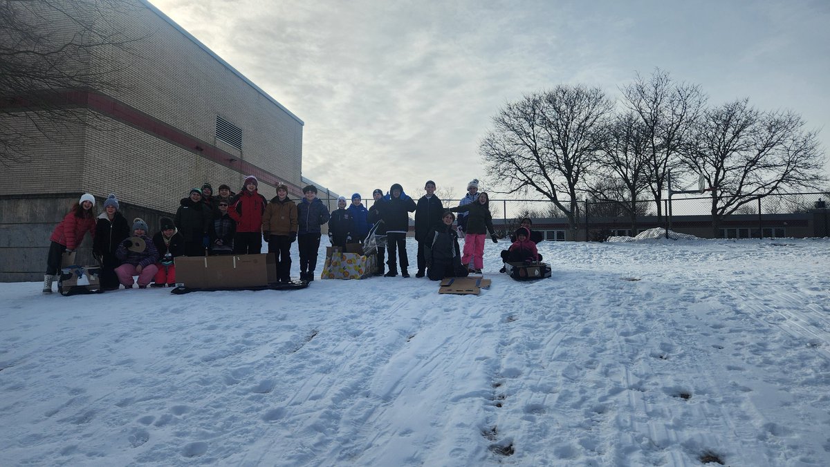 wadegrade5's tweet photo. I lied, sled building is my second favorite day. Testing our sleds, that's my favorite! #sledding #STEAM #design #build  @CancellationCup @GriswoldSchool https://t.co/uPUxyEHT50