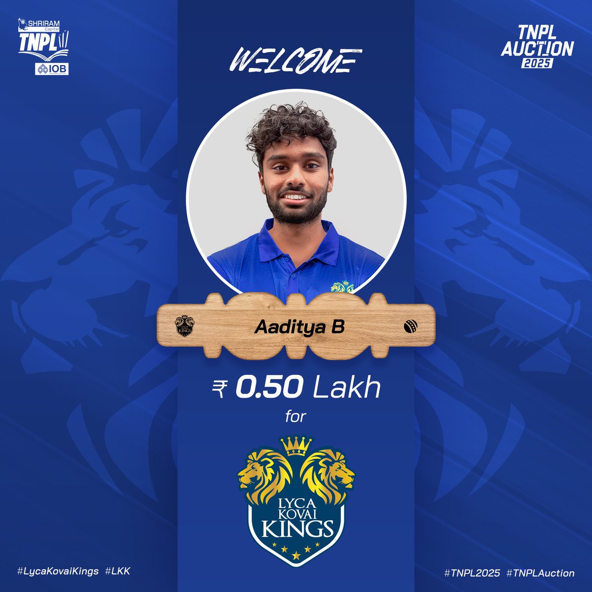 LycaKovaiKings's tweet photo. Get ready for some fiery spells! ☄️ Welcoming AADITYA B to the King’s Pride 2025! 👑 Let the wickets tumble! 🏏
#LKK #LycaKovaiKings 👑 #GethuKaatuvoma 🤙😎 #TNPL2025 🏏 #TNPLAuction #TNCA https://t.co/6vV8VcjEWr