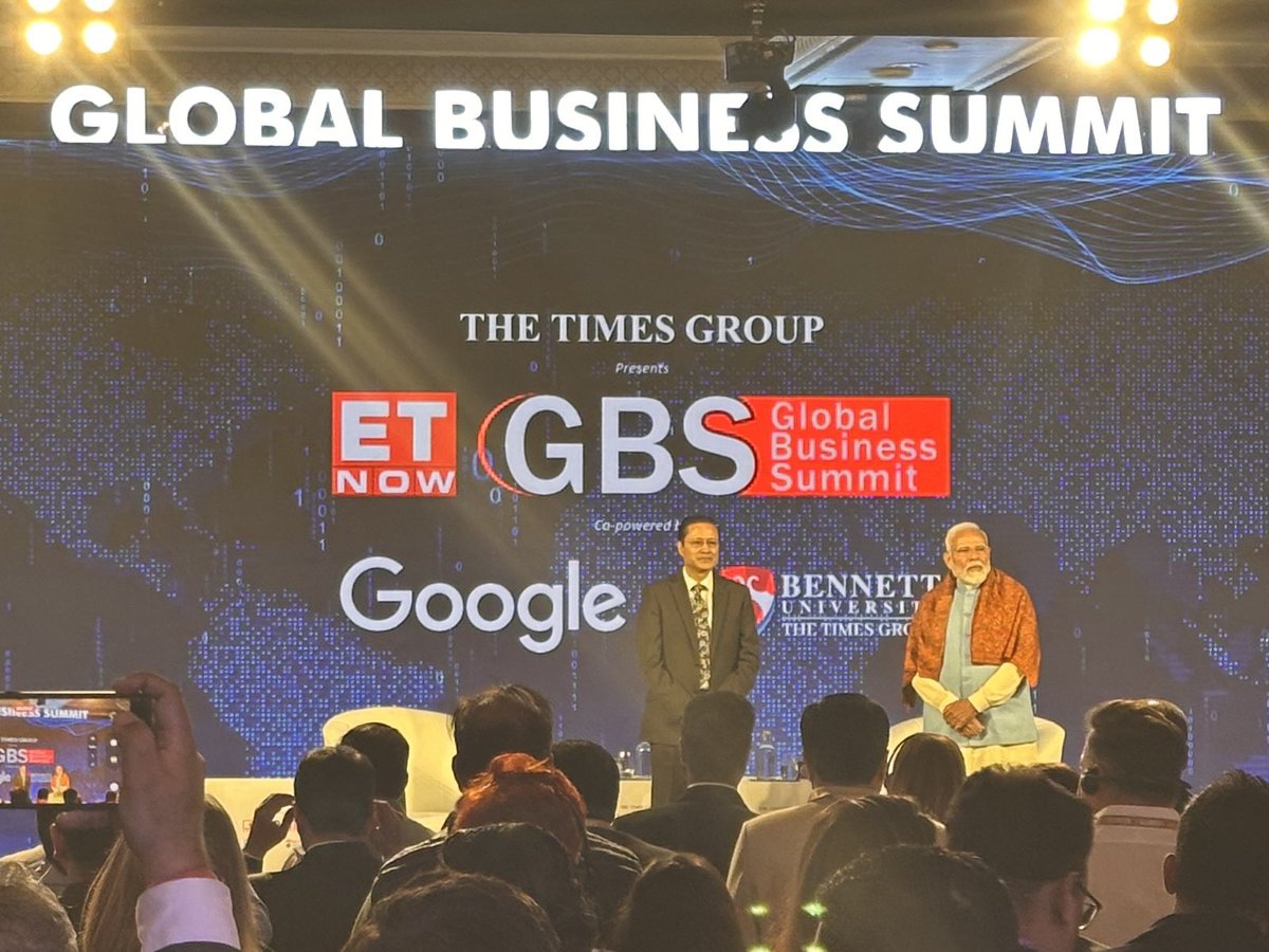 NickSarma's tweet image. Wrapping up the week with an insightful hour-long address by Prime Minister @narendramodi. Spoke extempore, spoke with passion, covering key microeconomic issues &amp;amp; reforms. 

Impressive energy levels, especially right after his US trip. 

#GBS2025 #ScriptingATomorrow @ETNOWlive