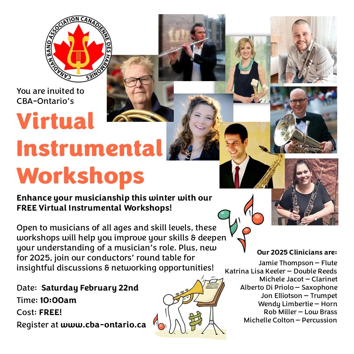 CBAOntario's tweet photo. Oops!  There was a type-o on the last Virtual Workshop Image.
Please note that the event starts at 10 am.  Feb. 22.
Get inspired, learn from experts on your instrument, and have fun!
Register now: https://t.co/quXT6ZzDmi https://t.co/T1SQ1zY2GF