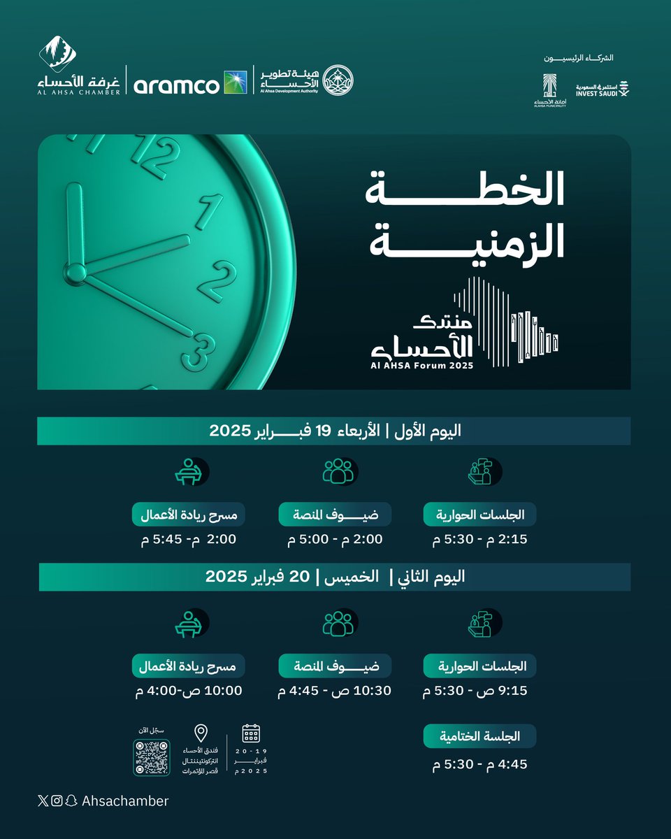 ahsachamber's tweet image. تعرّف على الخطة الزمنية لـ #منتدى_الأحساء_2025، والذي سينطلق في 19-20 فبراير 2025، انضموا إلينا لاستكشاف الفرص الواعدة ومزايا محافظة #الأحساء.

كن جزءًا من الحدث؛ وسجّل الآن!

🔗: hif.com.sa/ar-reg/

#اقتصاد_مستدام
#غرفة_الأحساء
#سعود_بن_طلال