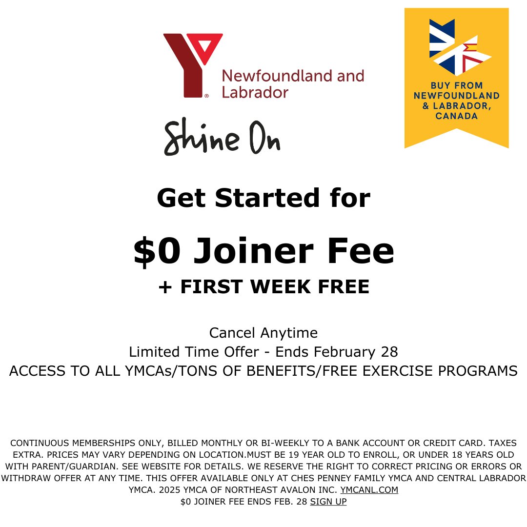 Limited time offer. Join Today!

Register in person at Ches Penney Family YMCA or Central Labrador YMCA or register online at ymcanl.com.