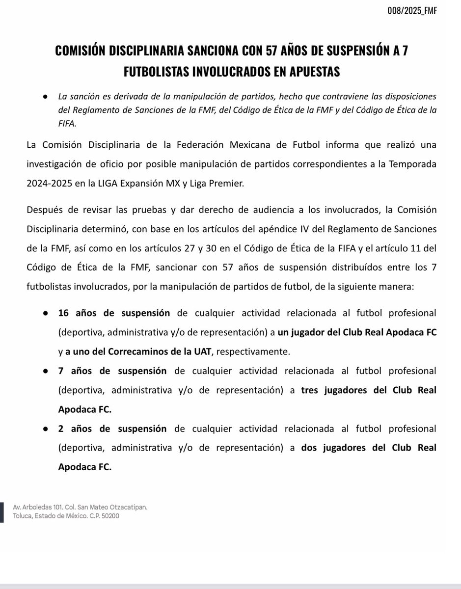 fersch_4's tweet photo. Mano fuerte contra jugadores apostadores. Bien Comisión Disciplinaria @FMF https://t.co/sFlTgeHFiT