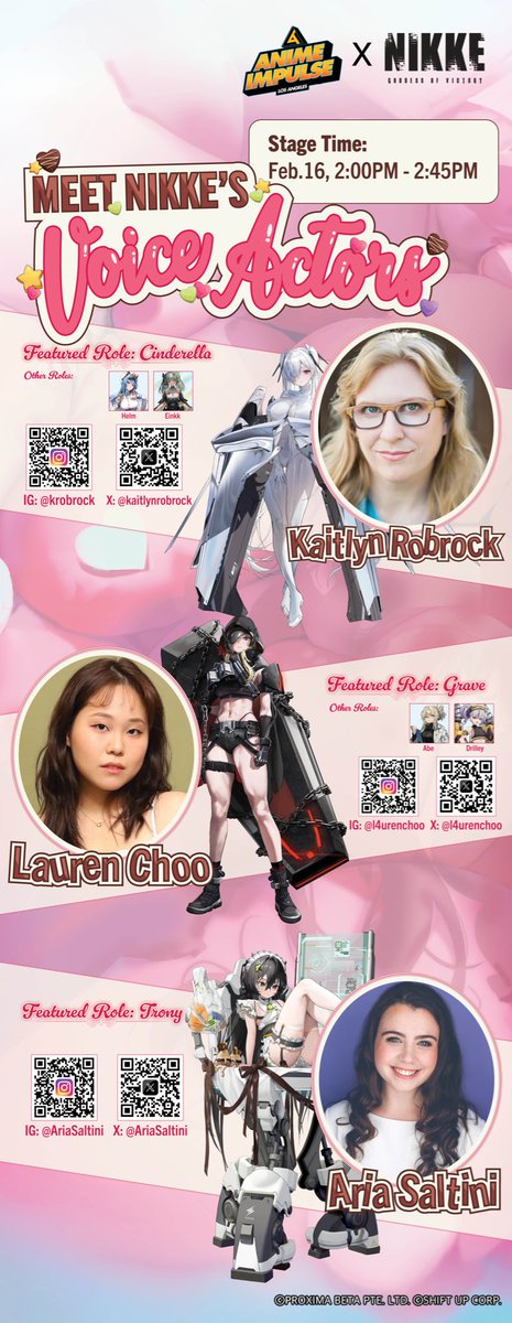 Aria Saltini (@ariasaltini) on Twitter photo THRILLED to be appearing at #ANIMEImpulseLA2025 tomorrow with my fellow #NIKKE voice actors <a href="/kaitlynrobrock/">Kaitlyn Robrock (Blue Checkmark Here)</a> and <a href="/l4urenchoo/">Lauren Choo</a>!! We’ll be signing at the NIKKE booth tomorrow, and from 2-2:45pm I will be hosting our MAIN STAGE panel as well as giving a special musical performance! ⚡️ THRILLED to be appearing at #ANIMEImpulseLA2025 tomorrow with my fellow #NIKKE voice actors <a href="/kaitlynrobrock/">Kaitlyn Robrock (Blue Checkmark Here)</a> and <a href="/l4urenchoo/">Lauren Choo</a>!! We’ll be signing at the NIKKE booth tomorrow, and from 2-2:45pm I will be hosting our MAIN STAGE panel as well as giving a special musical performance! ⚡️