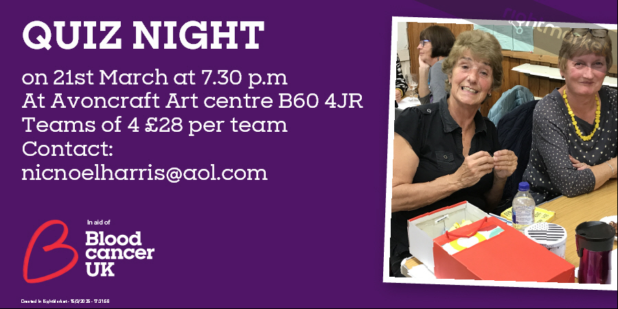 Come and join us on the 21st March  Only 6 tables left..
#bromsgrove #bloodcanceruk #Quiz #charity #bloodwise #worcestershirehour