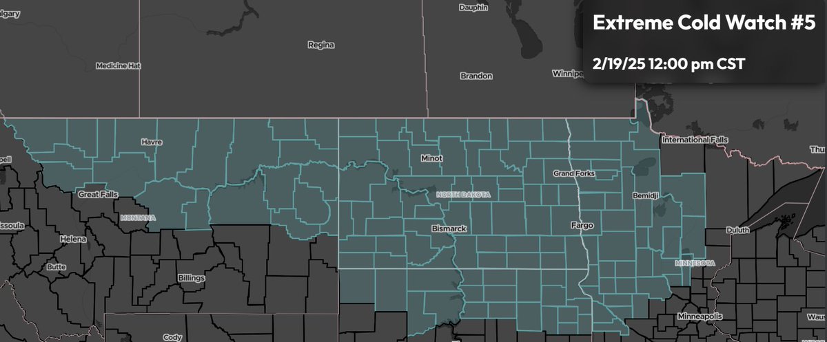 StormTrackingHQ's tweet photo. #ExtremeColdWatch 05 has been issued for the whole state of #NorthDakota and Parts of #Montana, #SouthDakota and #Minnesota until 12:00 pm CST Wednesday #wxtwitter #wxX #Winterwx #ndwx #mtwx #sdwx #mnwx #Fargo #GrandForks #Dickinson #Williston #AberdeenSD #Havre #RugbyND #Bismarck #JamestownND #DevilsLake #Minot #GlasgowMT #SidneyMT #Bemidji #StCloud #Glendive
Dangerously cold wind chills ranging from as low as 40 to 60 below possible in the Watch area