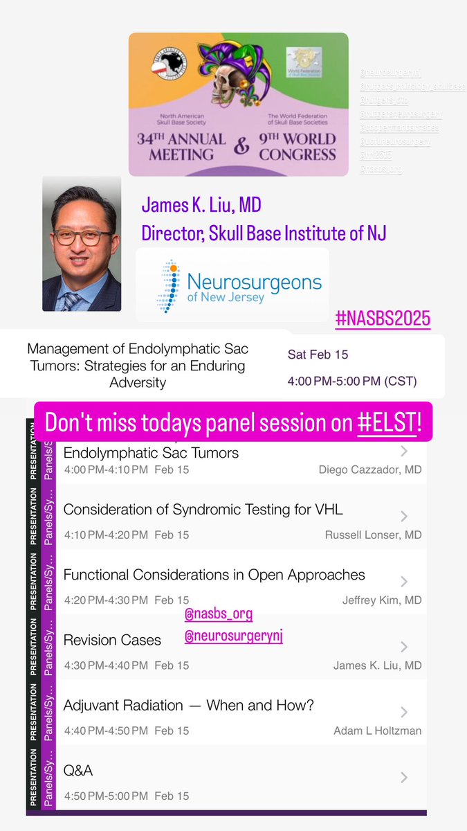 James K. Liu, MD (@skullbasemd) on Twitter photo Don't miss today's panel session on #ELST #endolymphaticsactumors <a href="/NASBSorg/">NASBS</a>. #NASBS2025, 4pm Waterbury Room. #skullbasesurgery <a href="/NeuroSurgeryNJ/">Neurosurgeons of NJ</a> <a href="/CBMCNJ/">Cooperman Barnabas Medical Center</a> <a href="/RussellLonser/">Russell Lonser, M.D.</a> <a href="/UofUNeurosurg/">University of Utah Neurosurgery</a> Don't miss today's panel session on #ELST #endolymphaticsactumors <a href="/NASBSorg/">NASBS</a>. #NASBS2025, 4pm Waterbury Room. #skullbasesurgery <a href="/NeuroSurgeryNJ/">Neurosurgeons of NJ</a> <a href="/CBMCNJ/">Cooperman Barnabas Medical Center</a> <a href="/RussellLonser/">Russell Lonser, M.D.</a> <a href="/UofUNeurosurg/">University of Utah Neurosurgery</a>