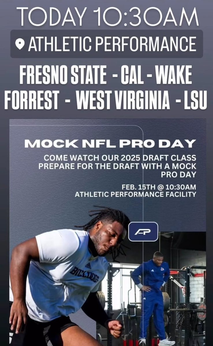 Who's the next NFL ⭐️⭐️
Come check these guys out TODAY!!
 <a href="/FresnoStateFB/">Fresno State Football</a> <a href="/WestVirginiaU/">WVU Mountaineers · Let's Go!</a> <a href="/CalFootball/">Cal Football</a> <a href="/WakeFB/">Wake Forest Football</a> <a href="/LSUfootball/">LSU Football</a>