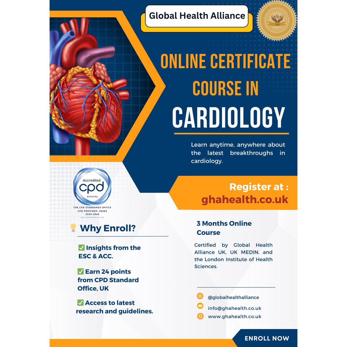 GhaHealth's tweet photo. Boost Your Career with an Online Certificate in Cardiology!
β
Certified by Global Health Alliance UK, UK MEDIN & London Institute of Health Science
β
Register now at https://t.co/RSXcsgFOZS
#CardiologyCourse #MedicalEducation #HealthcareProfessionals #OnlineLearning #CPDpoints https://t.co/VEwv32GLu8