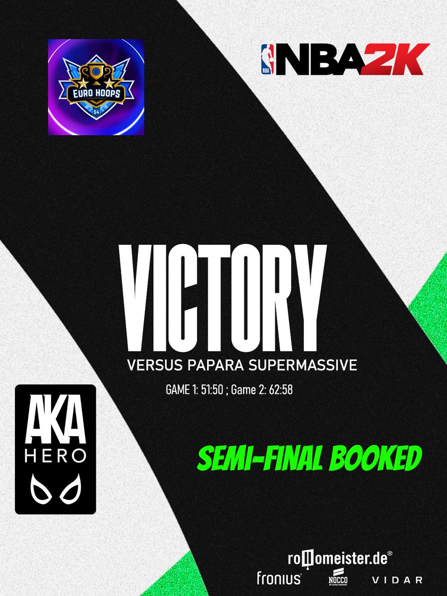 AKA HERO NBA2K (@akahero2k) on Twitter photo Semi-final is booked!
We win against <a href="/supmassgg/">Papara SuperMassive</a> with 51:50 and 62:58 and are in the semi-finals of the <a href="/EuroHoops2K/">๐๐๐ฟ๐ผ ๐๐ผ๐ผ๐ฝ๐ ๐ฎ๐</a> !
GGWP
#BEAHERO #NBA2K25 Semi-final is booked!
We win against <a href="/supmassgg/">Papara SuperMassive</a> with 51:50 and 62:58 and are in the semi-finals of the <a href="/EuroHoops2K/">๐๐๐ฟ๐ผ ๐๐ผ๐ผ๐ฝ๐ ๐ฎ๐</a> !
GGWP
#BEAHERO #NBA2K25