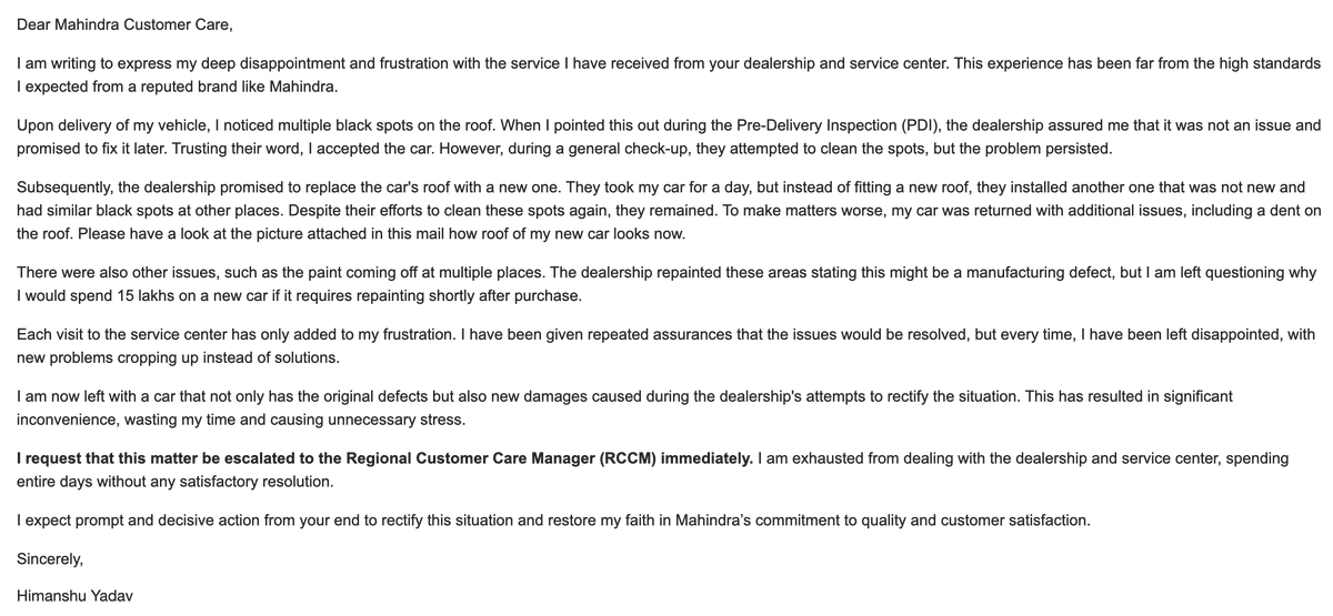 im_himanshu01's tweet photo. Bought a new Mahindra #XUV3XO 2 months ago, but got a defective car with black spots, paint peeling off  & a dent after general checkup! GM of @KAMLESHAUTOETAH refused to assist, and no response from @18002096006 . Is this how customers are treated?#MahindraDisappointed @anandmahindra #ConsumerRights