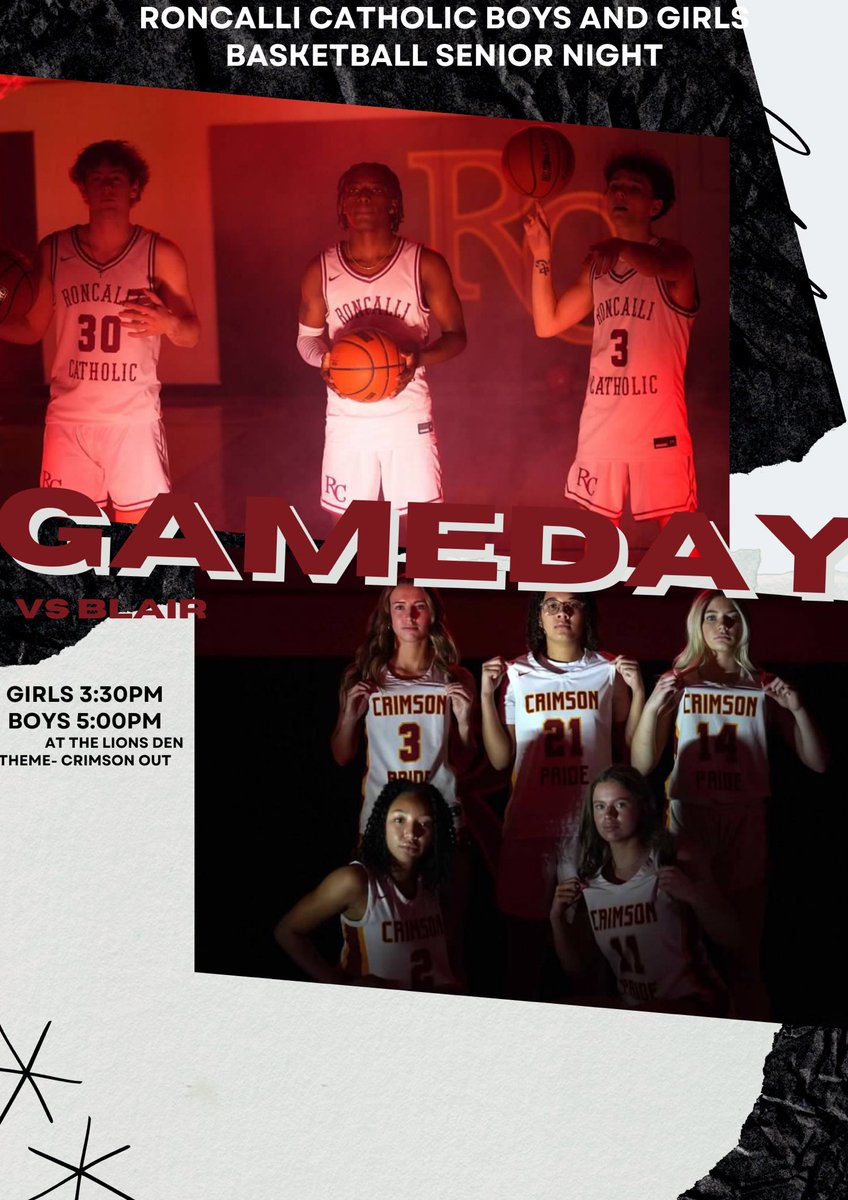 🏀Basketball Gameday/ Senior Night🏀

📆Saturday, Feb 15
🆚 Blair
⏰Girls Var-3:30pm | Boys Var-5:00pm
📍The Lions Deb 
👕- 🔴Crimson Out🔴

TONIGHT IS SENIOR NIGHT !! Be there in theme for both games!! senior night will take place in between games!
‼️BE THERE AND BE LOUD‼️